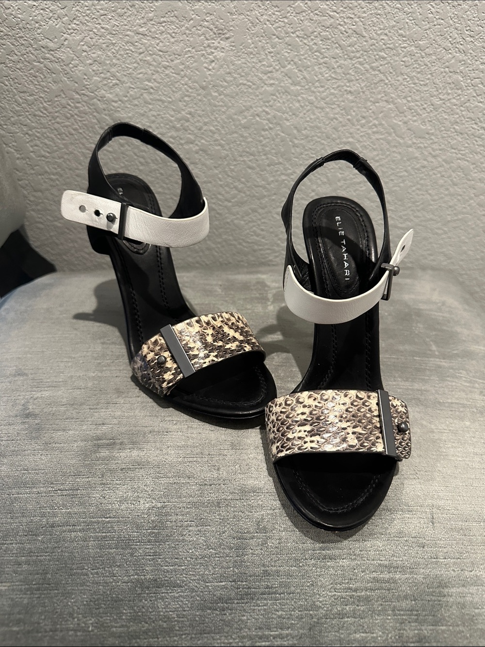 Elie Tahari Black, White & Snake-Print Open-Toe Ankle Strap Heels
